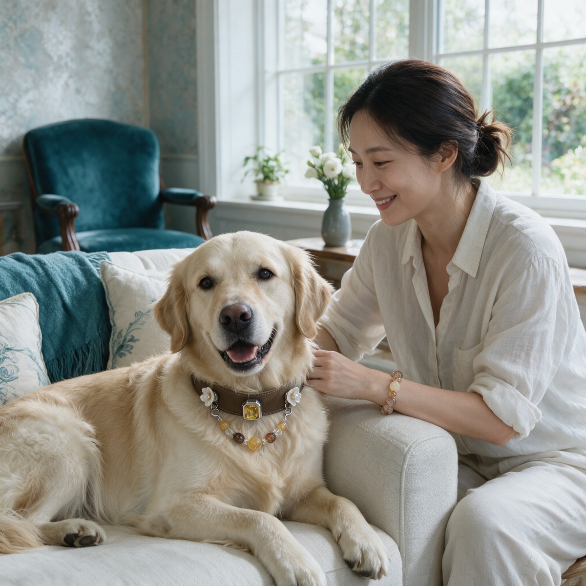 AI-styled owner and pet wearing the Amber Keepsake matching bracelet and collar.
