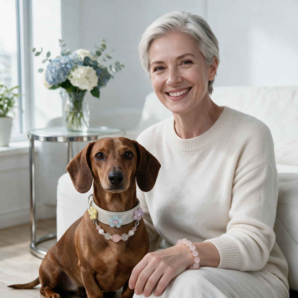 An adult woman wearing the Blush Companion bracelet beside a red Dachshund in the matching white floral collar.