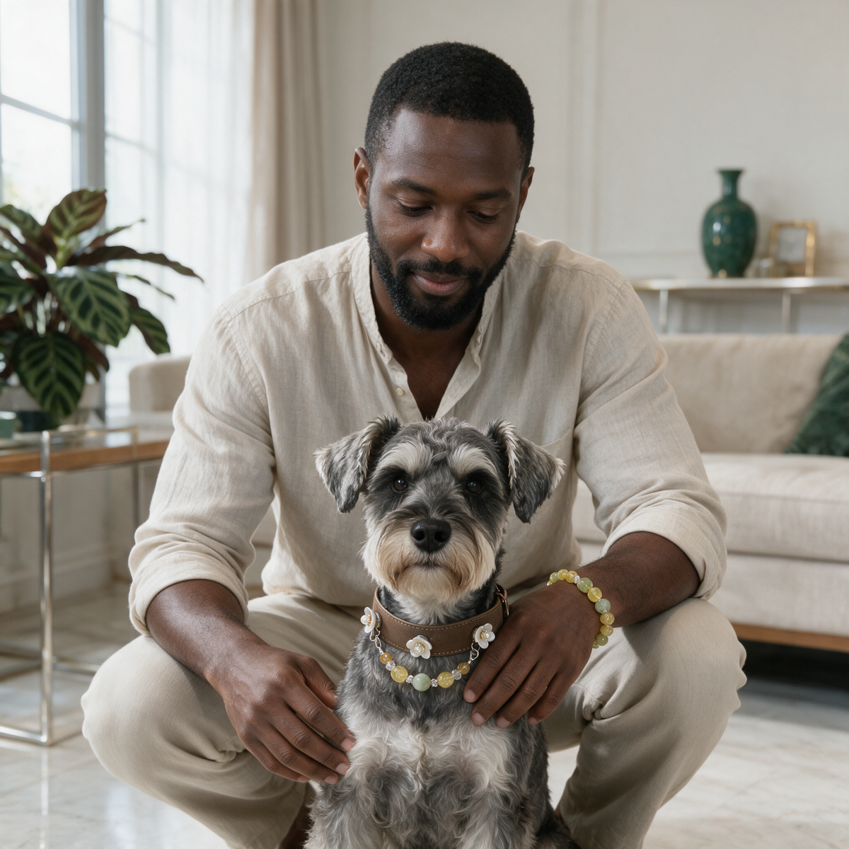 AI-styled owner and pet wearing the Meadow Light matching bracelet and collar.