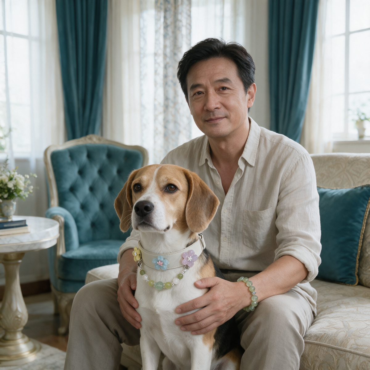 An adult man wearing the Fern Together green beaded bracelet beside a tan, white and black dog in the coordinating cream floral collar in a bright sitting room.