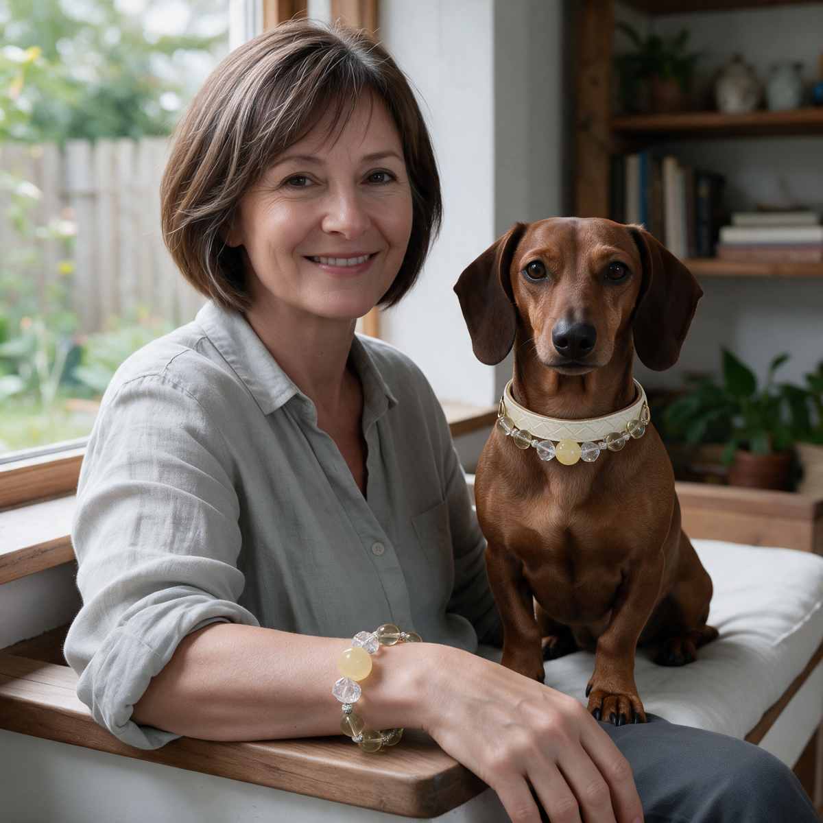 Owner and Dachshund wearing the coordinating Lemon Daylight bracelet and cream pet collar.