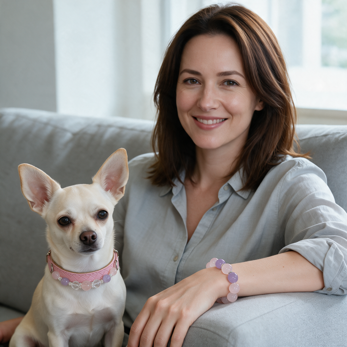 Owner and cream Chihuahua wearing the coordinating Lilac Blush bracelet and pink pet collar.
