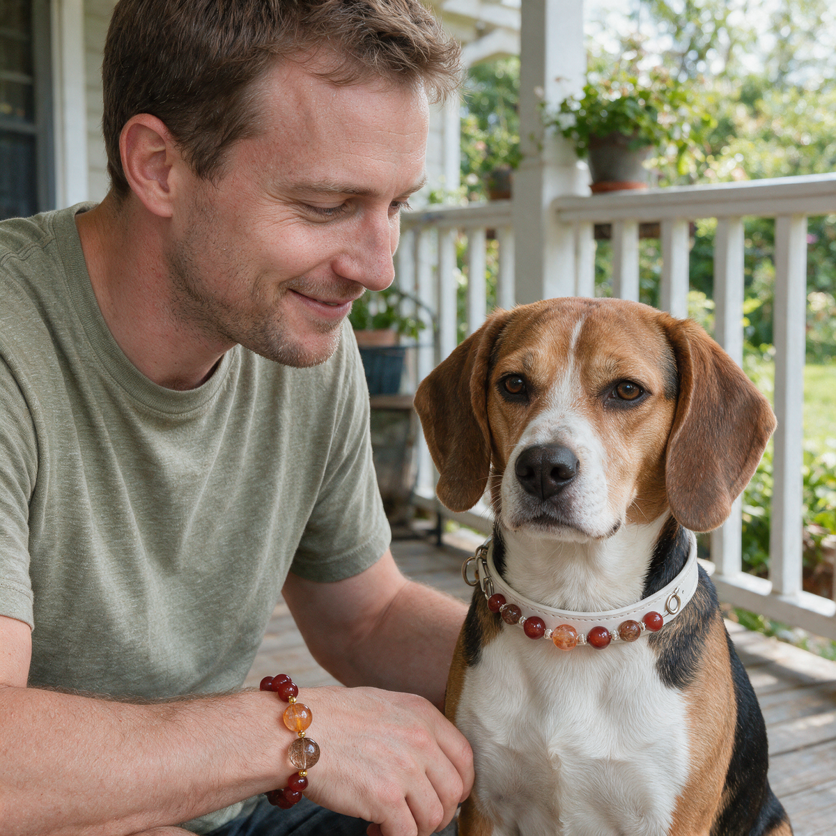 Owner and Beagle on a porch, wearing the coordinating Ember Together bracelet and white collar.