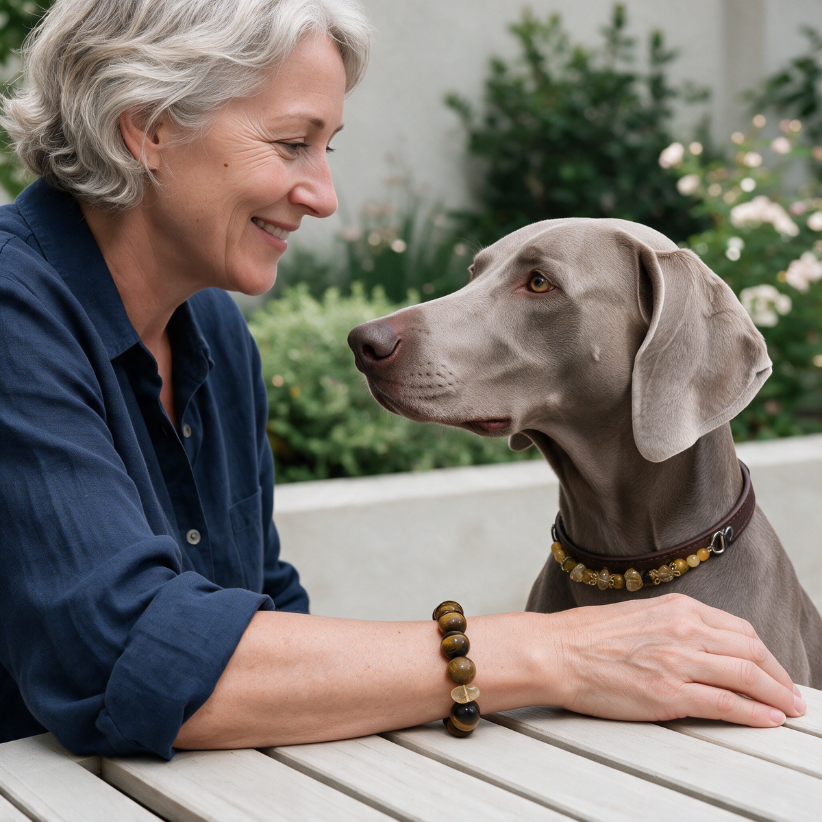 Owner and Weimaraner wearing the coordinating Tiger Gleam bracelet and brown pet collar.