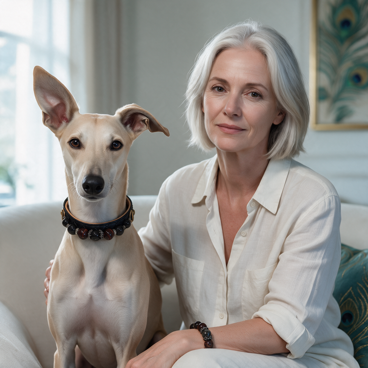 An adult woman wearing the Velvet Dusk dark beaded bracelet beside a cream short-coated dog in the coordinating black quilted beaded collar.