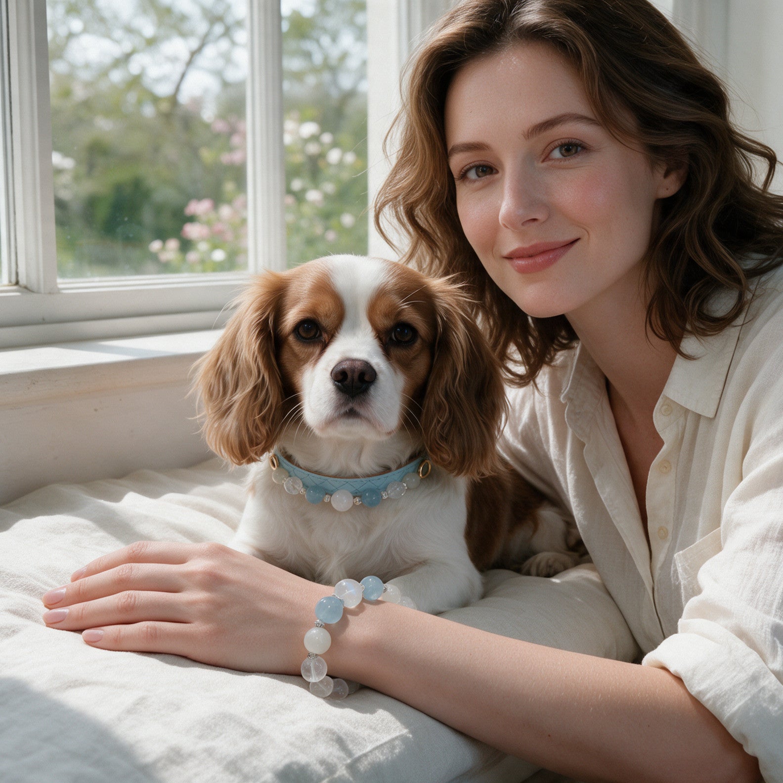 A person and Cavalier together beside a bright window