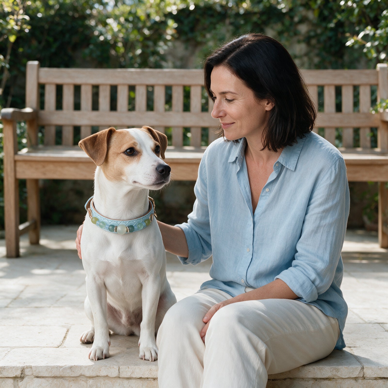 A pet parent and their companion wearing the referenced collar design