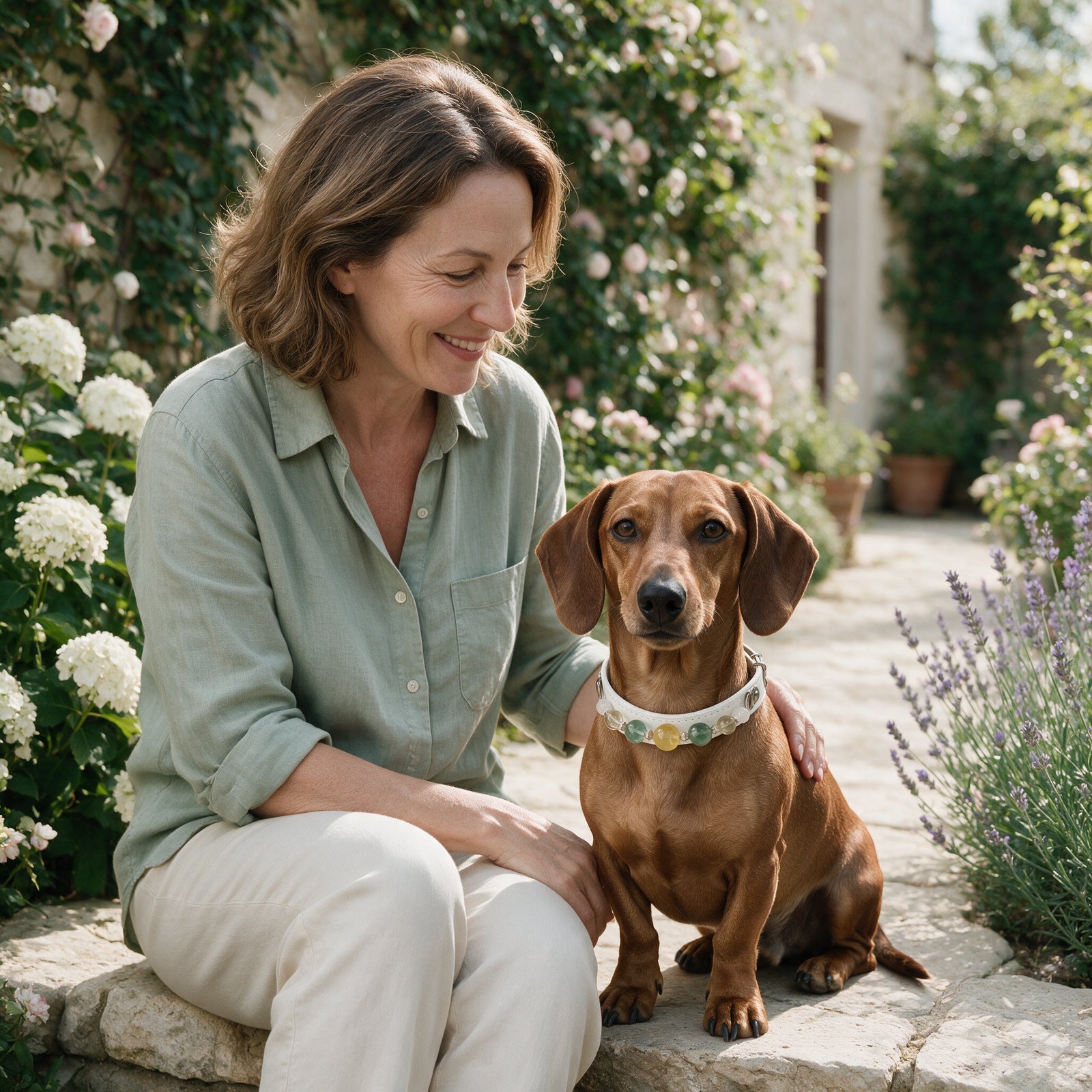 A woman with a dachshund in their garden, wearing Golden Meadow
