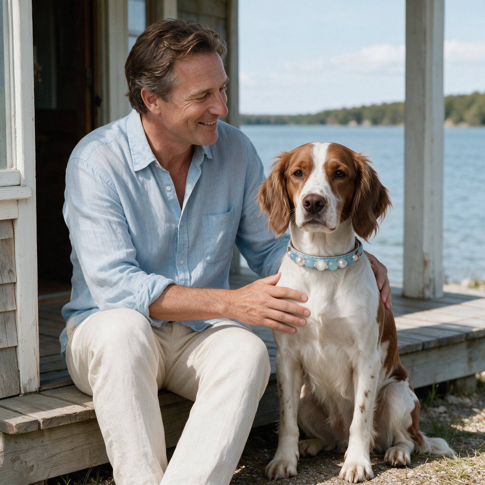 A pet parent and their companion wearing the referenced collar design