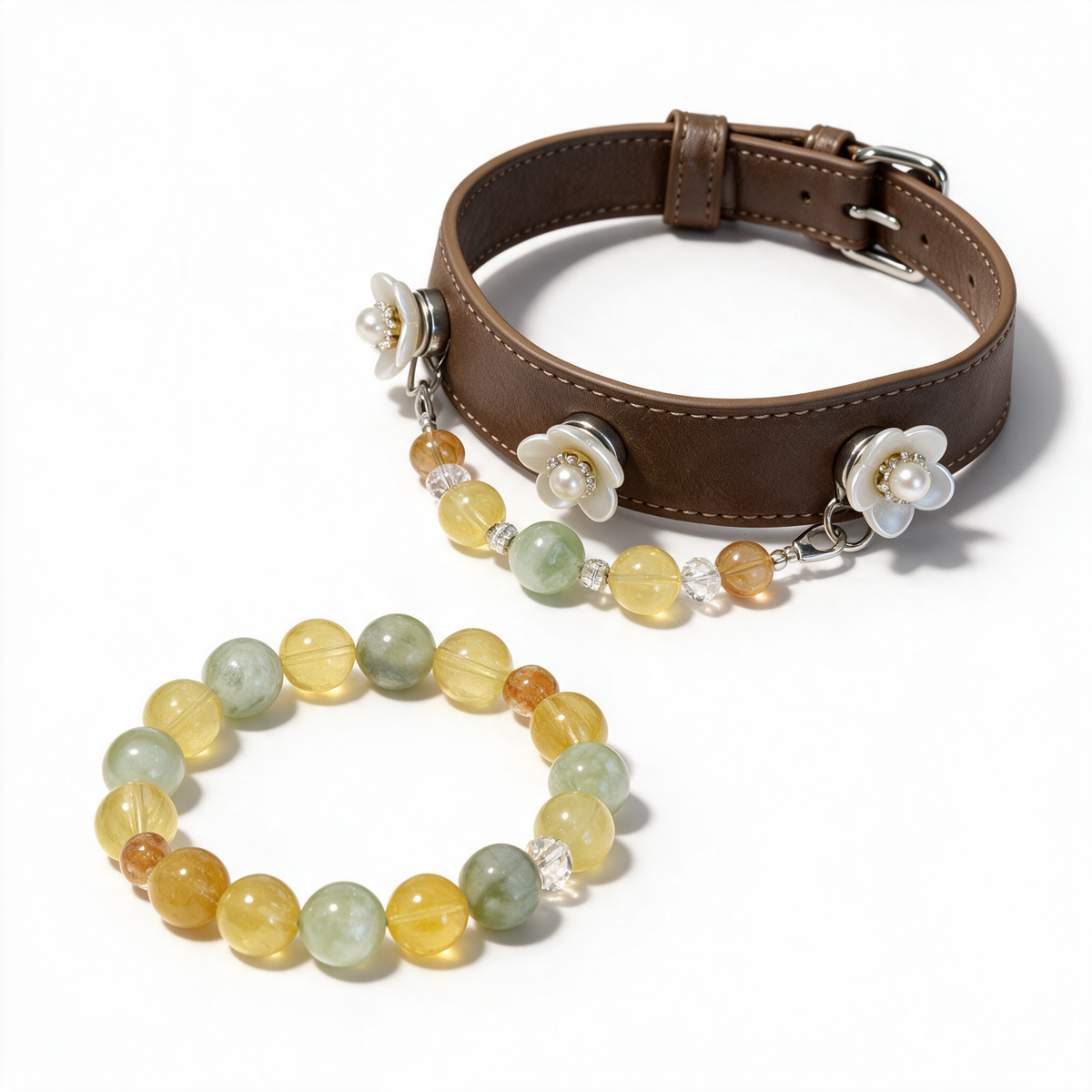 Meadow Light matching set with one pet collar and one owner bracelet on a white background.