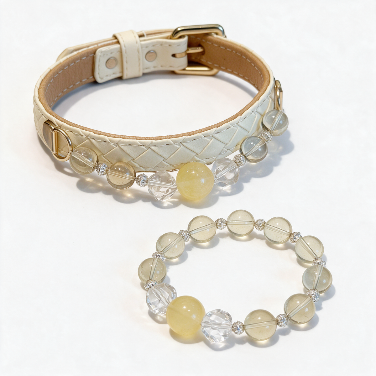 Lemon Daylight matching set with a cream pet collar and coordinating yellow-toned bead bracelet on a white background.