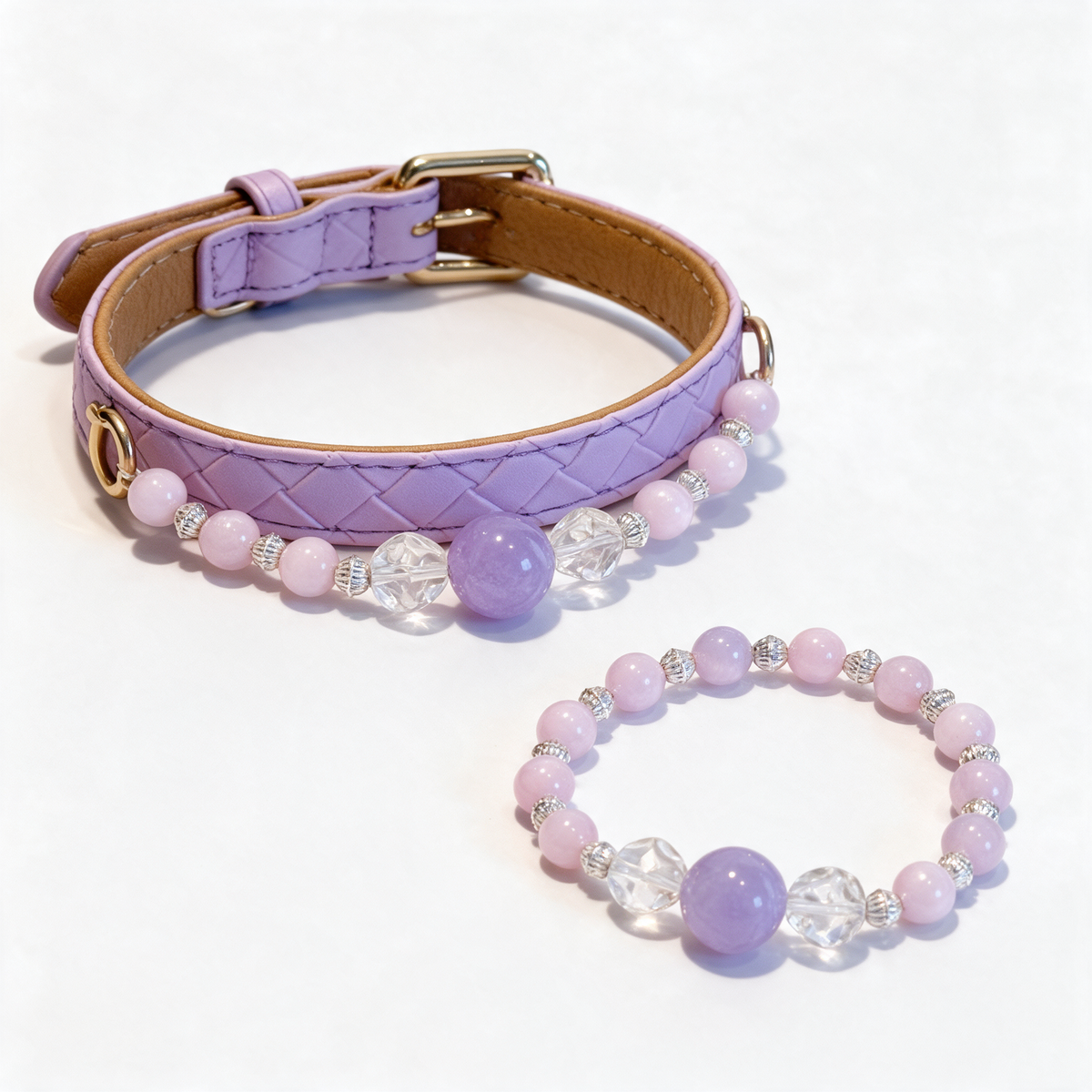 Lilac Afternoon matching pet jewelry and owner bracelet — studio view. AI-styled imagery based on this design.