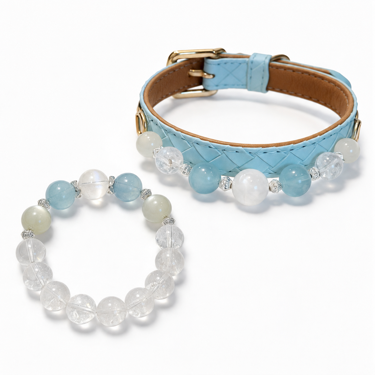 Moonlit Together light-blue dog collar and coordinating owner bracelet shown separately on a white background.