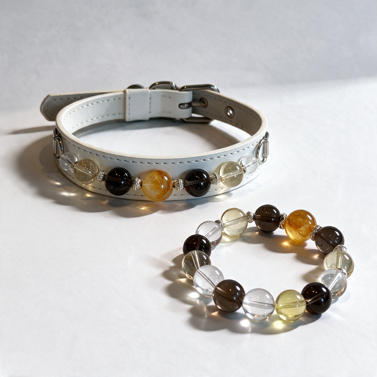 Honey Reverie matching pet jewelry and owner bracelet — studio view. AI-styled imagery based on this design.