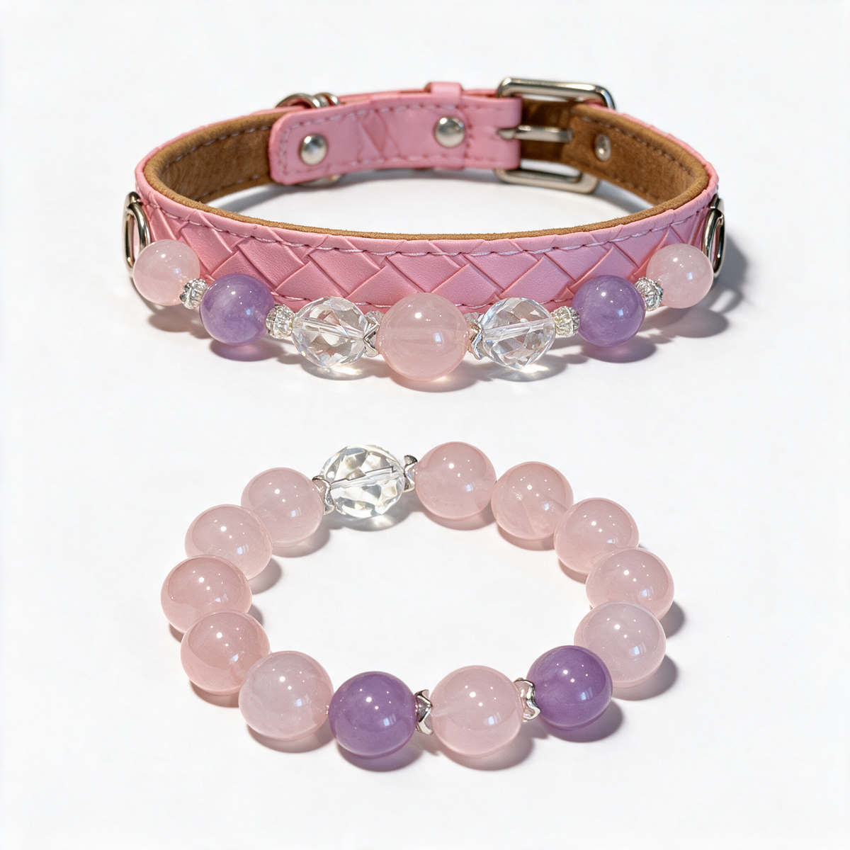 Lilac Blush matching set with a pink pet collar and a coordinating pink and lavender-toned bead bracelet on a white background.