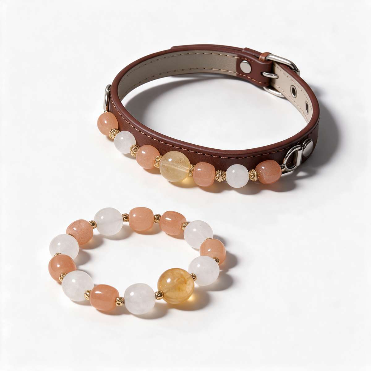 Apricot Keepsake matching set with a brown pet collar and coordinating yellow, white and pale-pink bead bracelet on a white background.