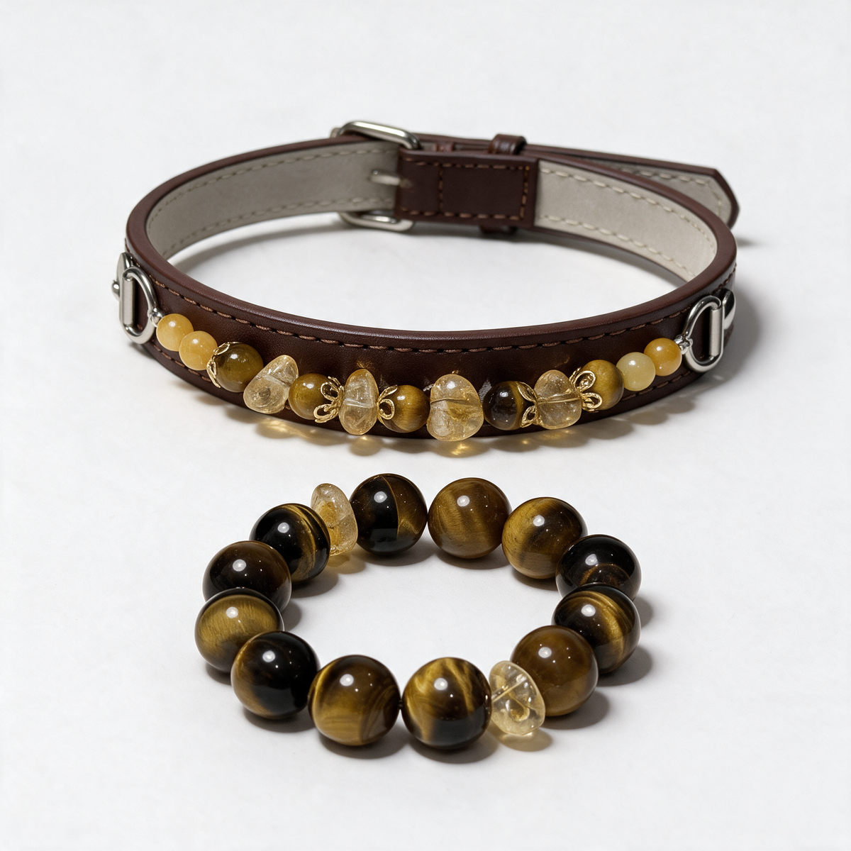 Tiger Gleam matching set with a brown pet collar and coordinating tiger-eye and pale-yellow bead bracelet on a white background.