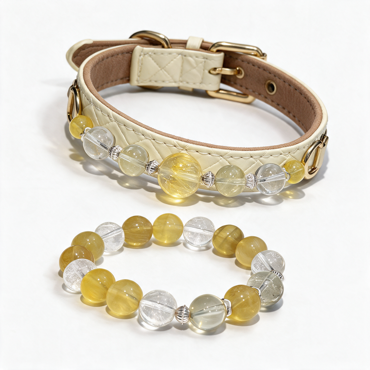 Lemon Glow matching set with one cream quilted pet collar and one coordinating owner bracelet on a bright near-white background.