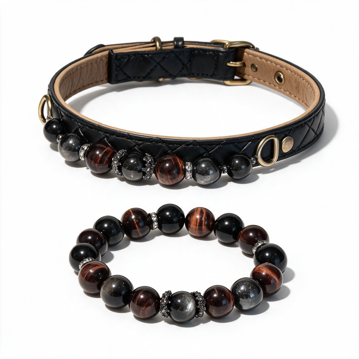 Velvet Dusk matching set: black quilted dog collar with black, smoky-gray and red-brown beads beside a coordinating beaded bracelet on white.