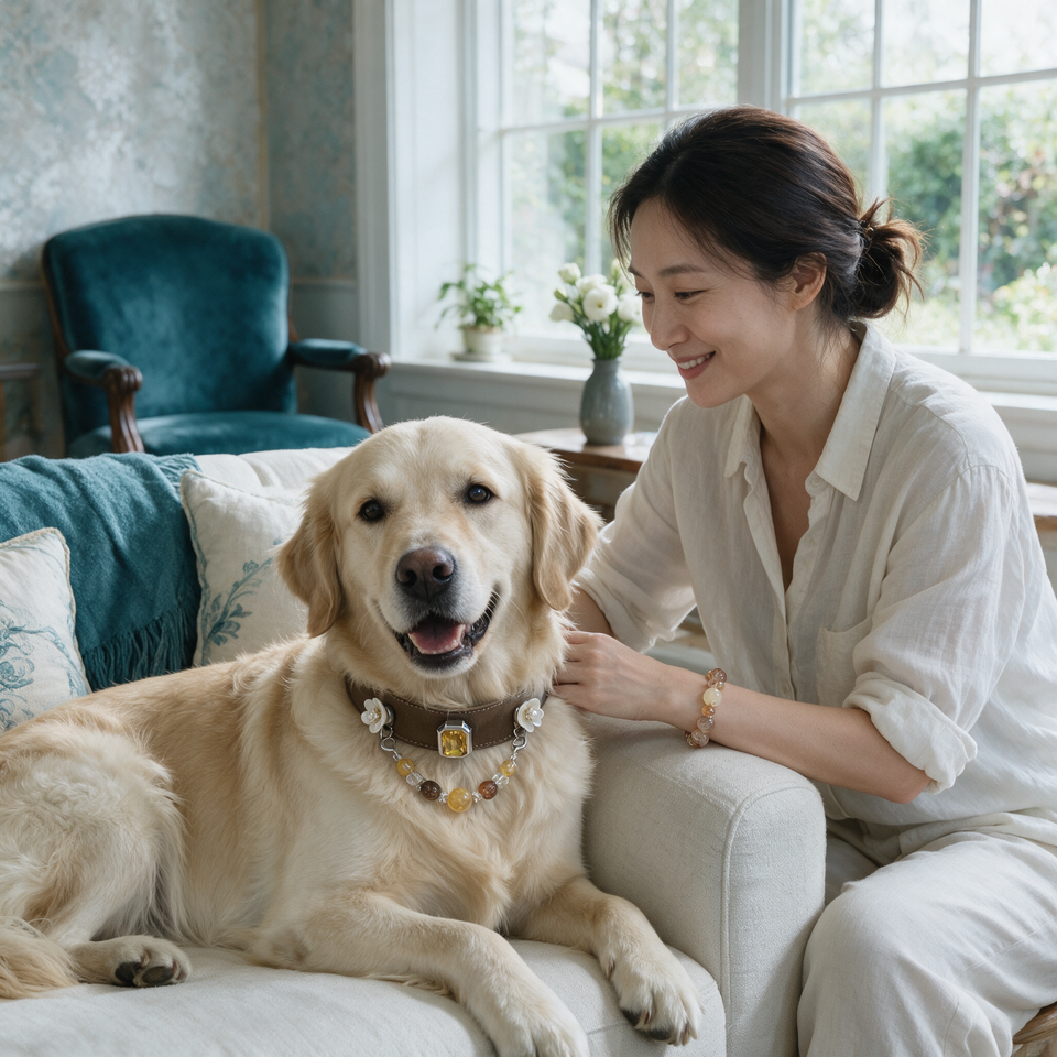 Amber Keepsake Matching Crystal Dog Collar & Owner Bracelet Set — styled on a pet and their person