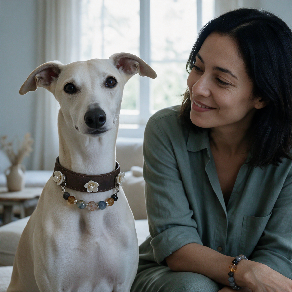 An adult woman wearing the Twilight Promise blue-gray and amber beaded bracelet beside a cream short-coated dog in the coordinating brown floral collar.