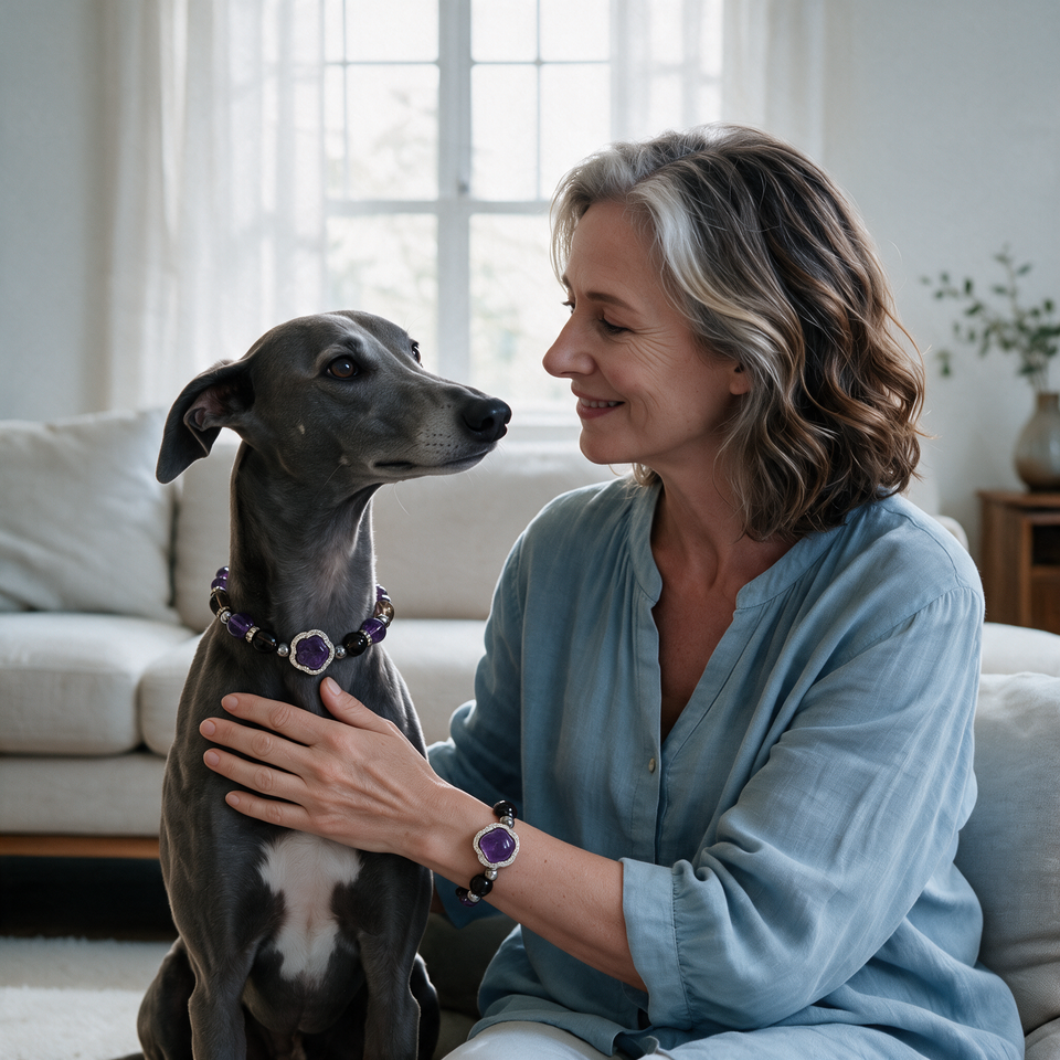 Violet Keepsake Matching Crystal Pet Necklace & Owner Bracelet Set — styled on a pet and their person