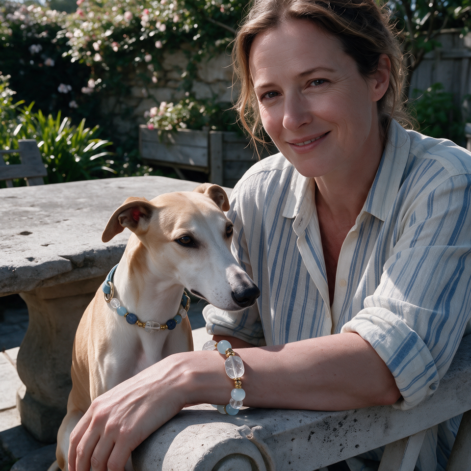 Blue Reverie Matching Crystal Dog Collar & Owner Bracelet Set — styled on a pet and their person