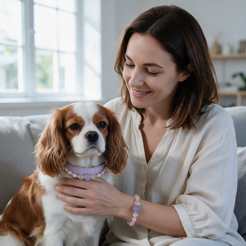 Lilac Afternoon Matching Crystal Dog Collar & Owner Bracelet Set — styled on a pet and their person