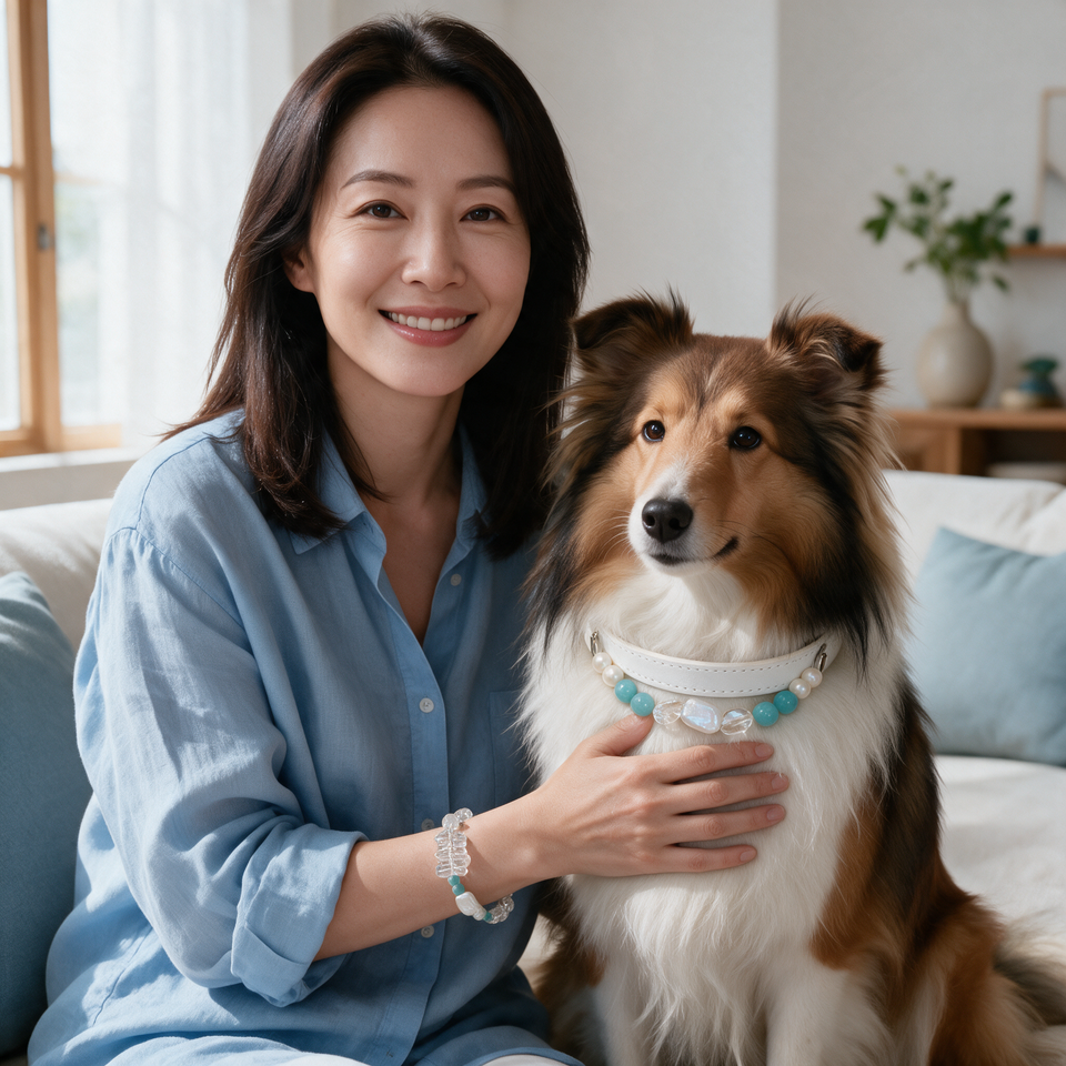 Lagoon Treasure Matching Crystal Dog Collar & Owner Bracelet Set — styled on a pet and their person