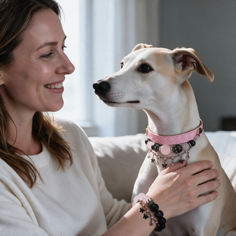 Rose Afterglow Matching Crystal Dog Collar & Owner Bracelet Set — styled on a pet and their person