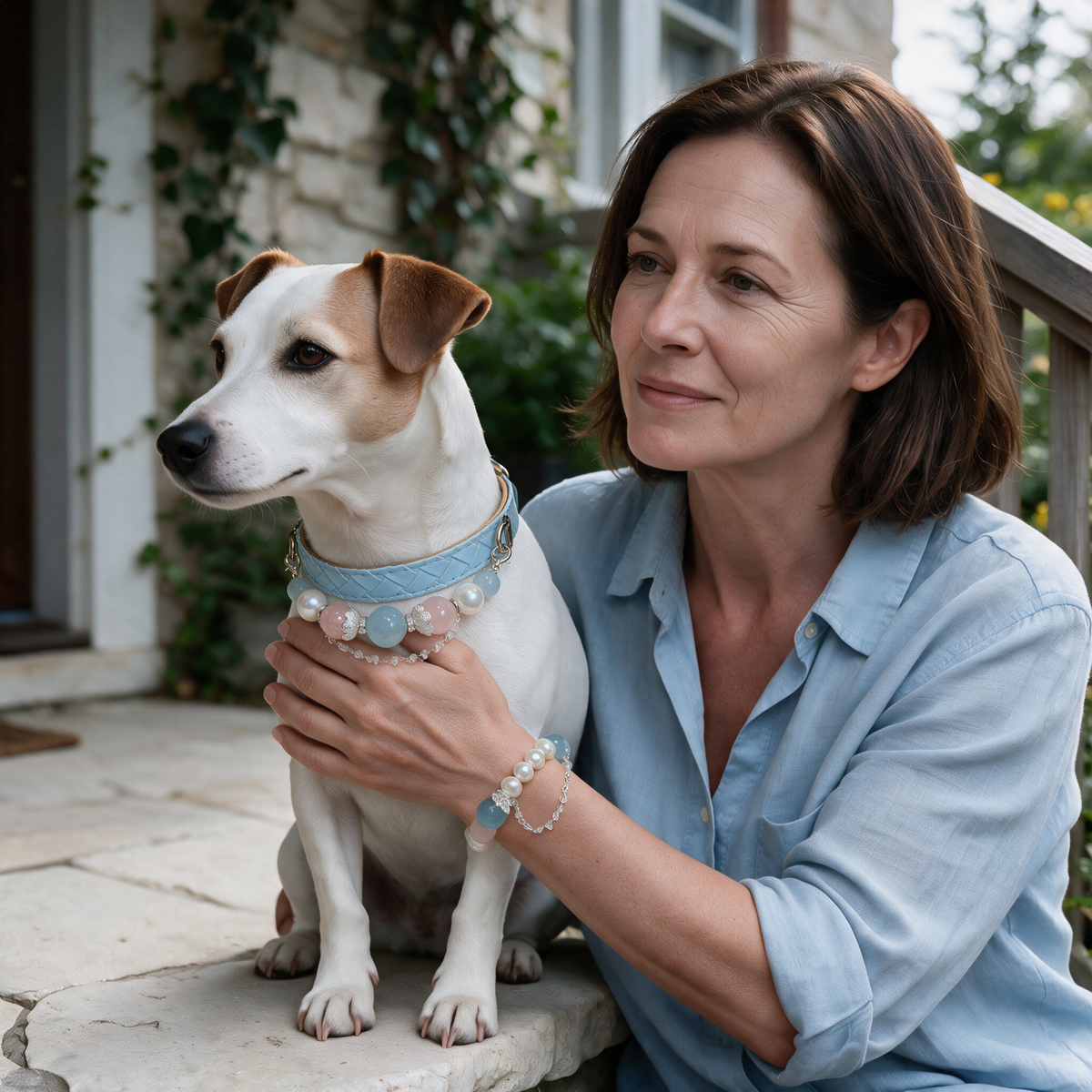 Owner and terrier wearing the coordinating Coastal Blush bracelet and light-blue pet collar.