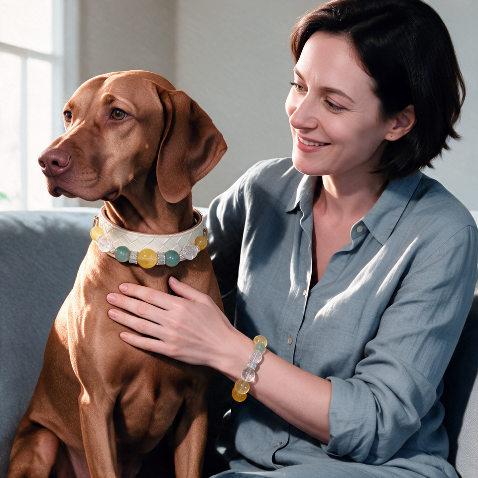 Sunlit Garden Matching Crystal Dog Collar & Owner Bracelet Set — styled on a pet and their person