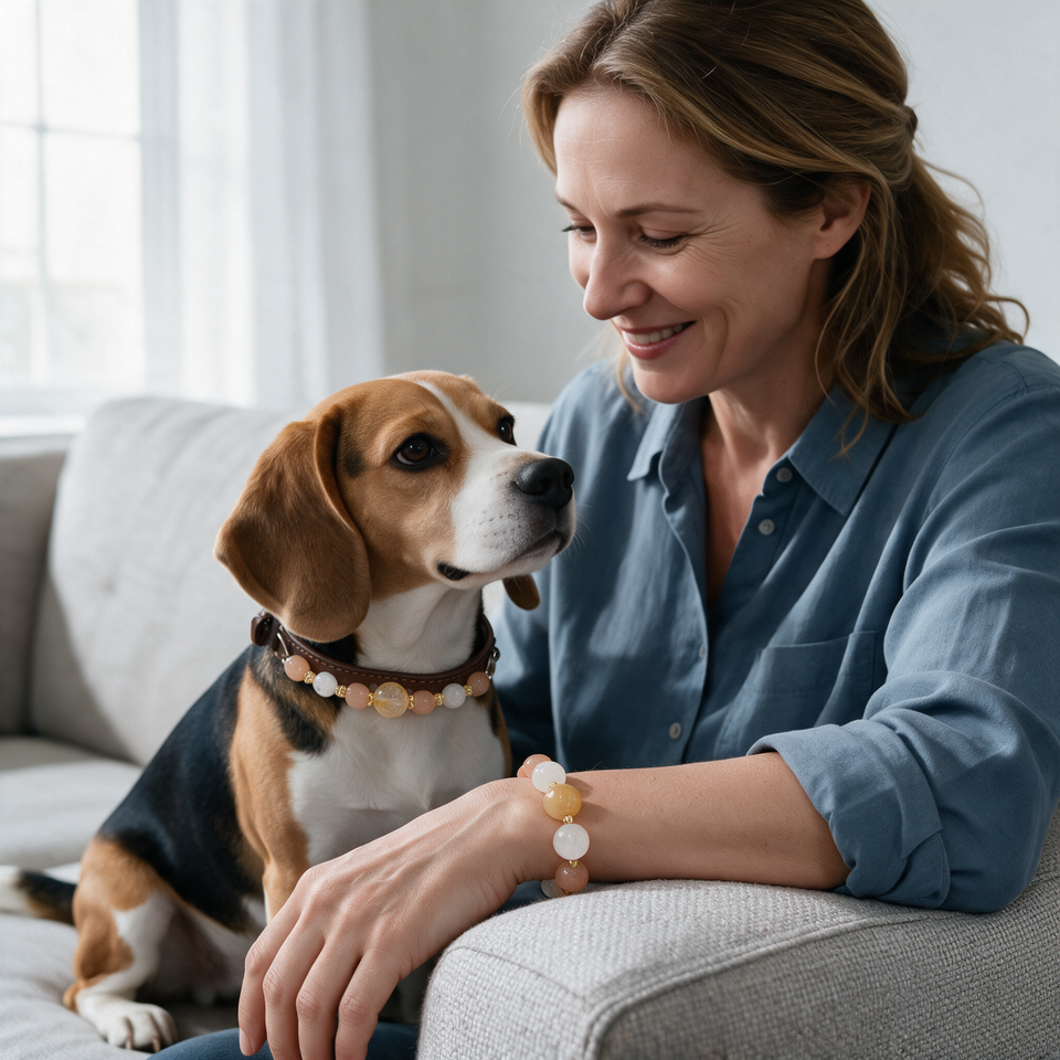 Apricot Keepsake Matching Crystal Dog Collar & Owner Bracelet Set — styled on a pet and their person