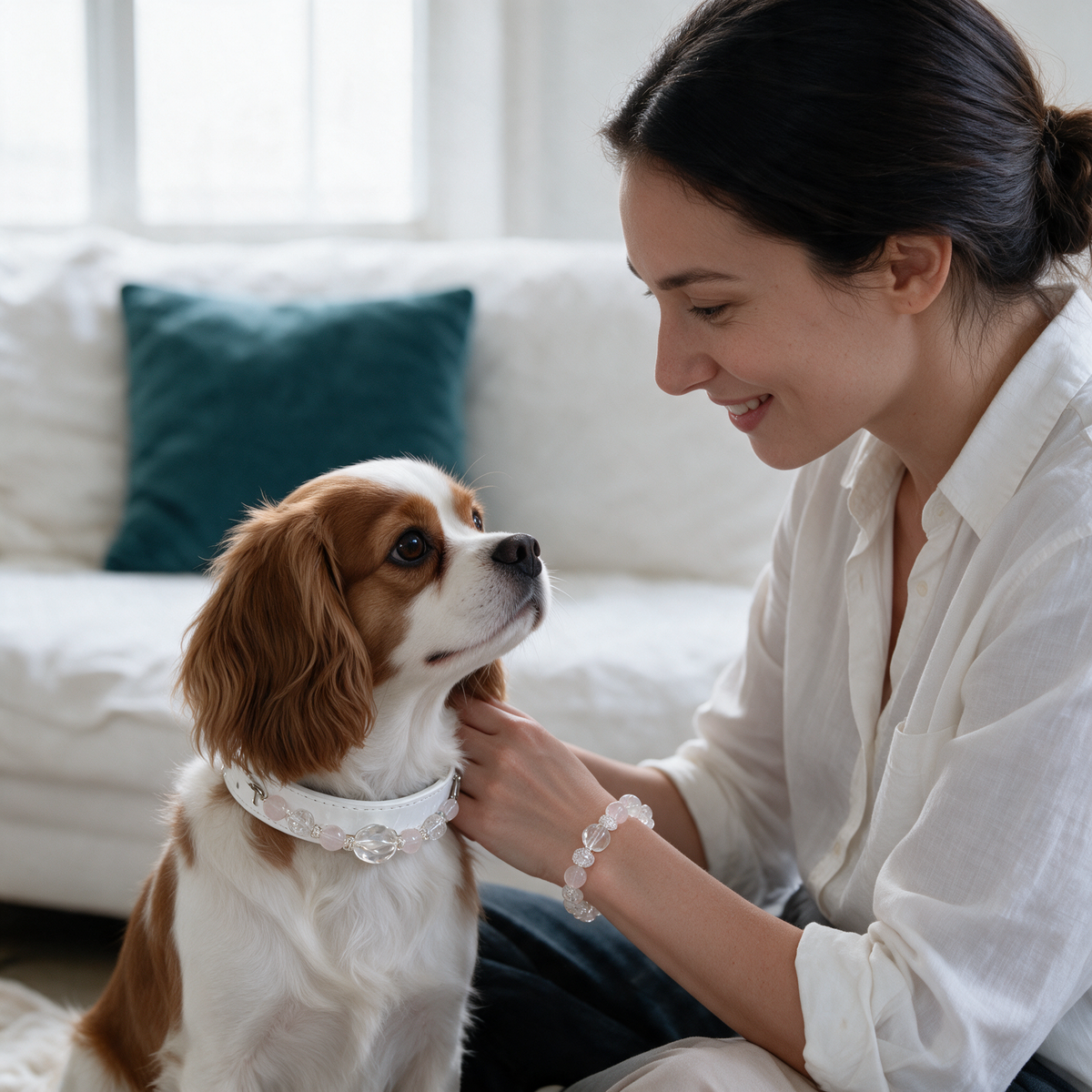 An adult owner and dog wearing the coordinated Blush Whisper bracelet and pale pink bead collar in a bright everyday setting.