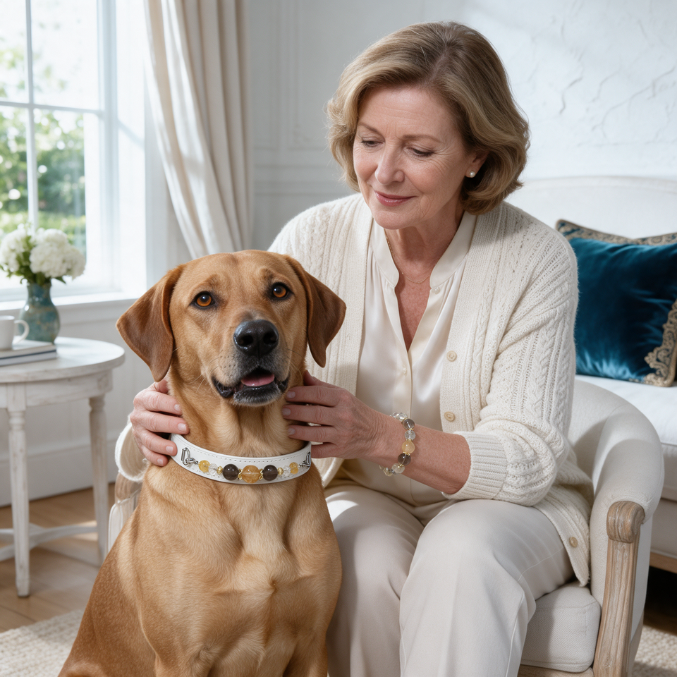 Champagne Light Matching Crystal Dog Collar & Owner Bracelet Set — styled on a pet and their person