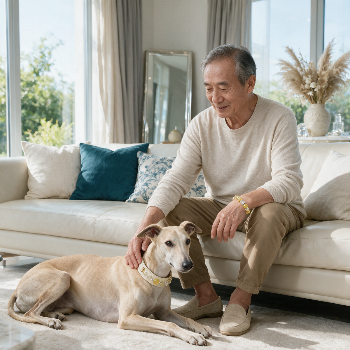 AI-styled owner and pet wearing the Lemon Glow matching bracelet and collar.