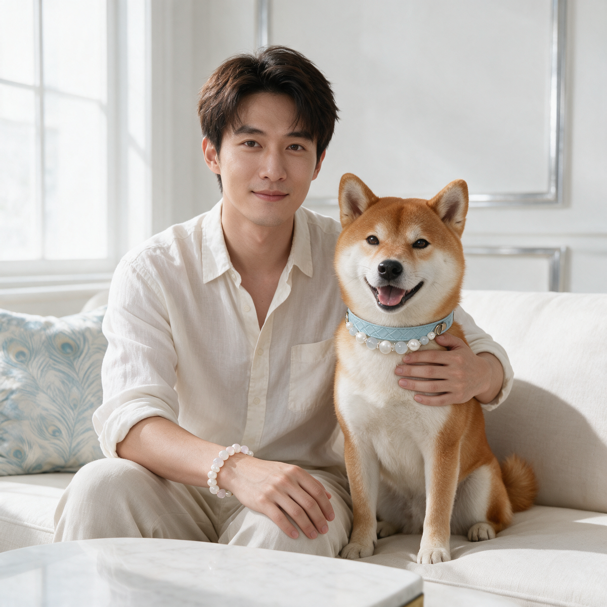An owner and Shiba Inu together on a sofa, wearing the Moonlit Tide matching bracelet and crystal collar.