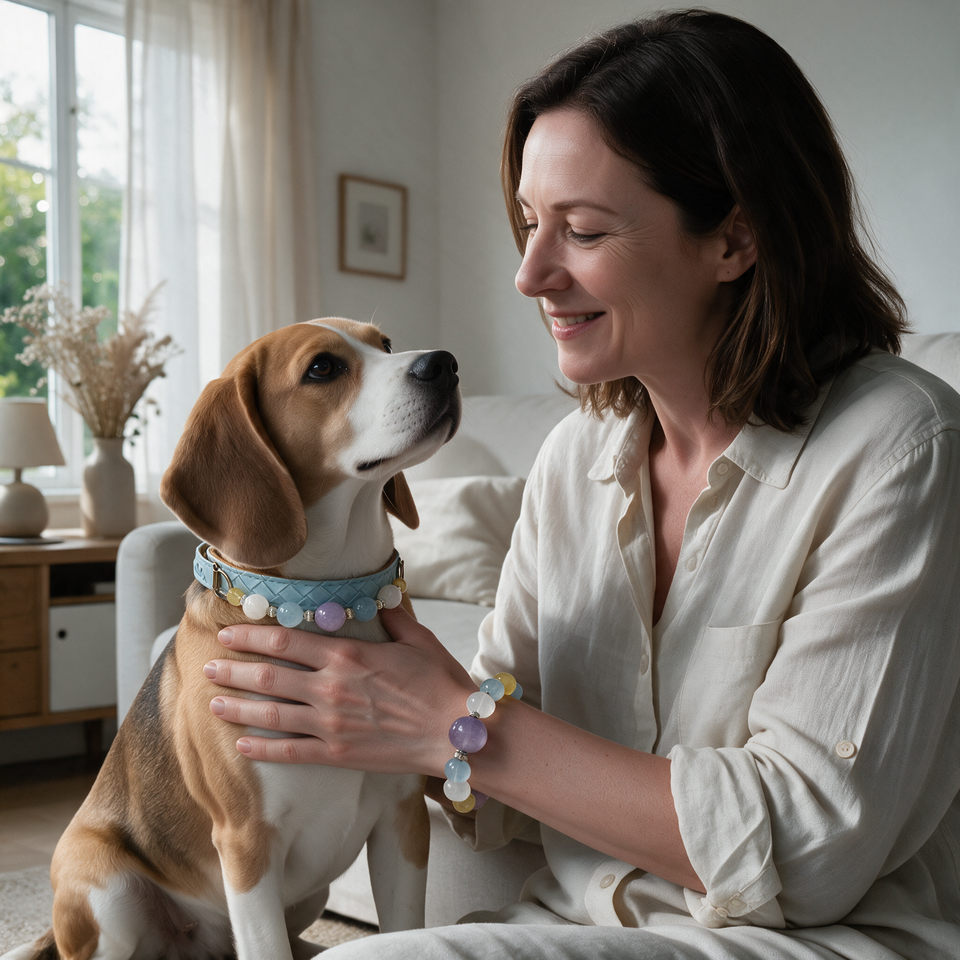 Pastel Morning Matching Crystal Dog Collar & Owner Bracelet Set — styled on a pet and their person