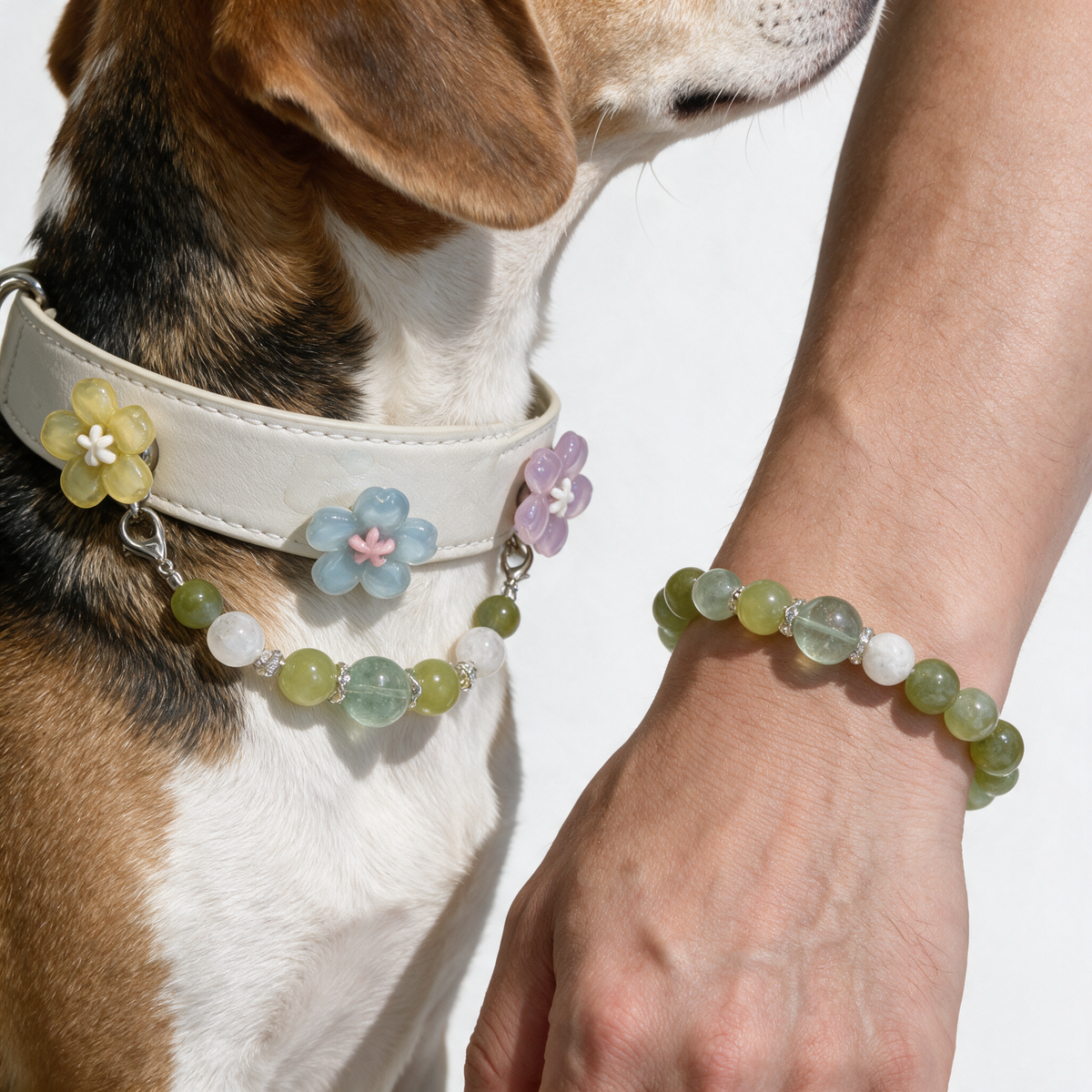 Close view of the Fern Together cream floral dog collar and coordinating bracelet, showing green-and-white beads and yellow, blue and lilac flower accents.