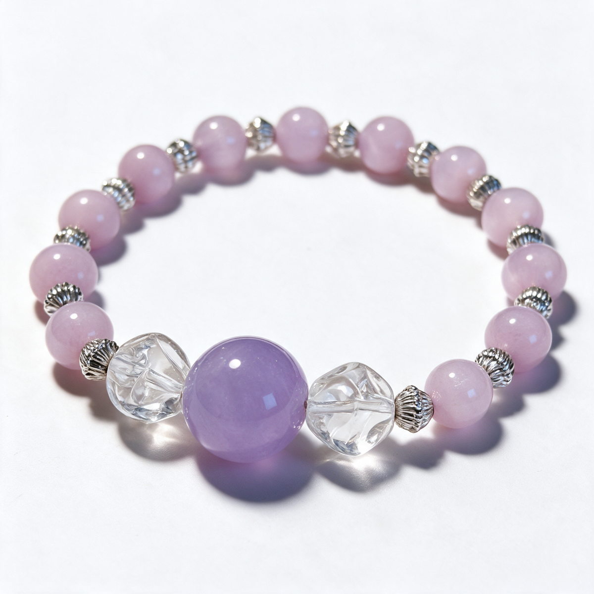 Lilac Afternoon matching pet jewelry and owner bracelet — detail view. AI-styled imagery based on this design.