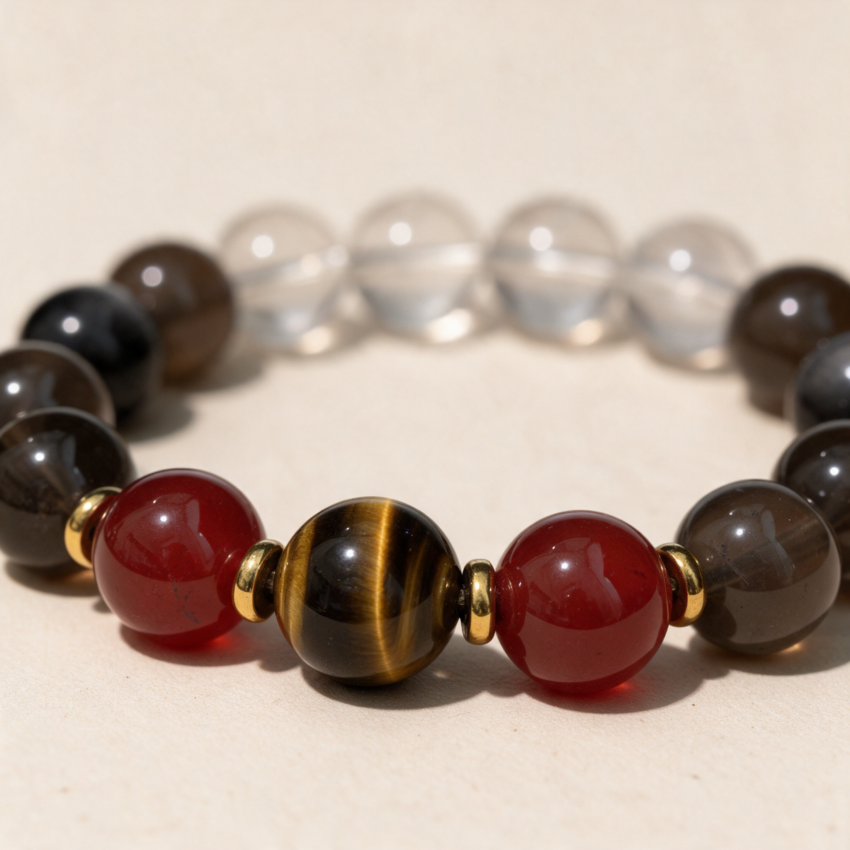 Close view of the Bronze Promise bracelet’s tiger-eye center bead, red side beads and gold-tone spacers.