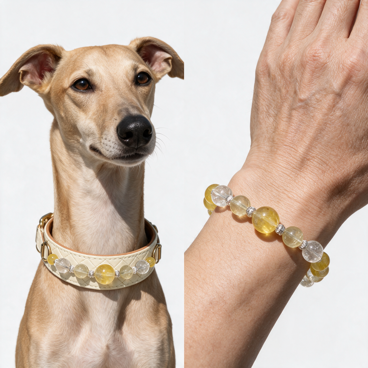 Close-up of bead and decorative details in the Lemon Glow matching set.