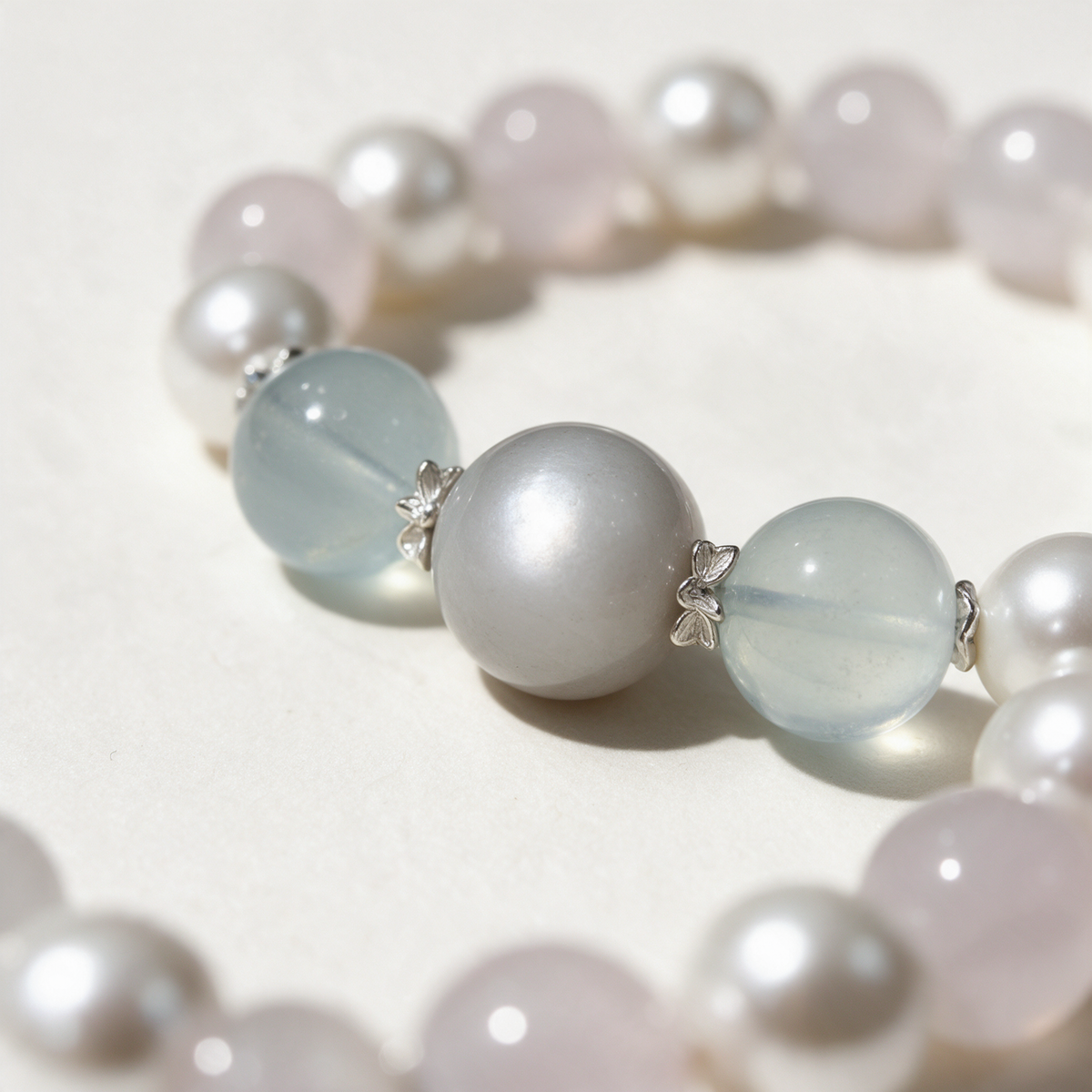 Close-up of the Moonlit Tide bracelet's pale-grey focal bead, translucent blue beads and silver-tone floral spacers.