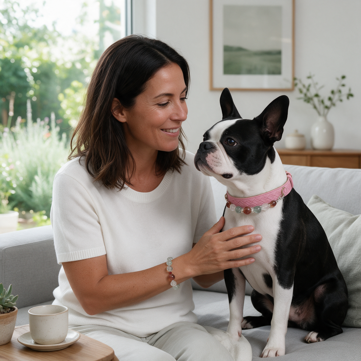 Woman and Boston Terrier wearing the Garden Ember matching bracelet and pink collar in an AI-styled everyday companionship scene.