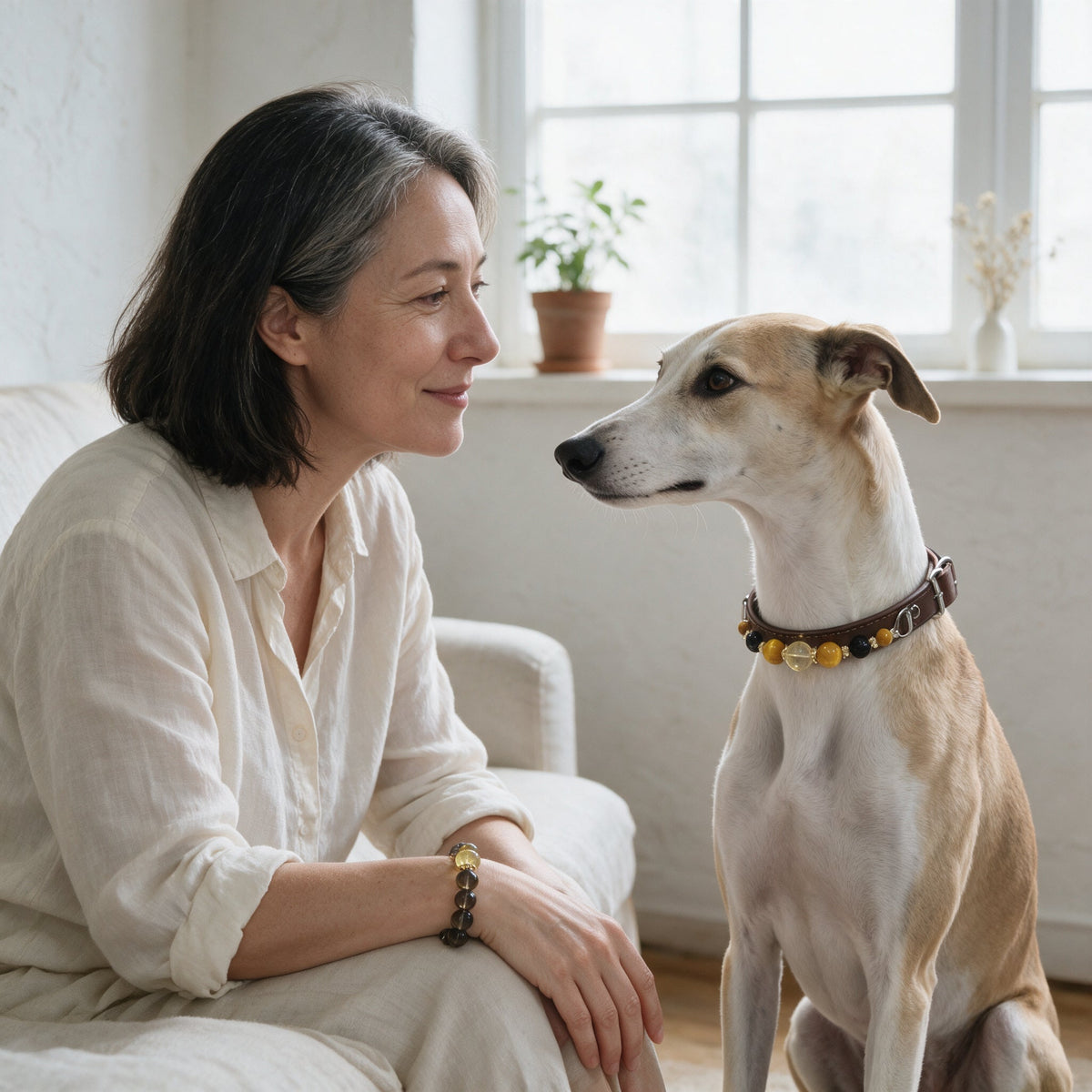 Owner and dog wearing the Golden Hour matching bracelet and collar in an AI-styled everyday scene.
