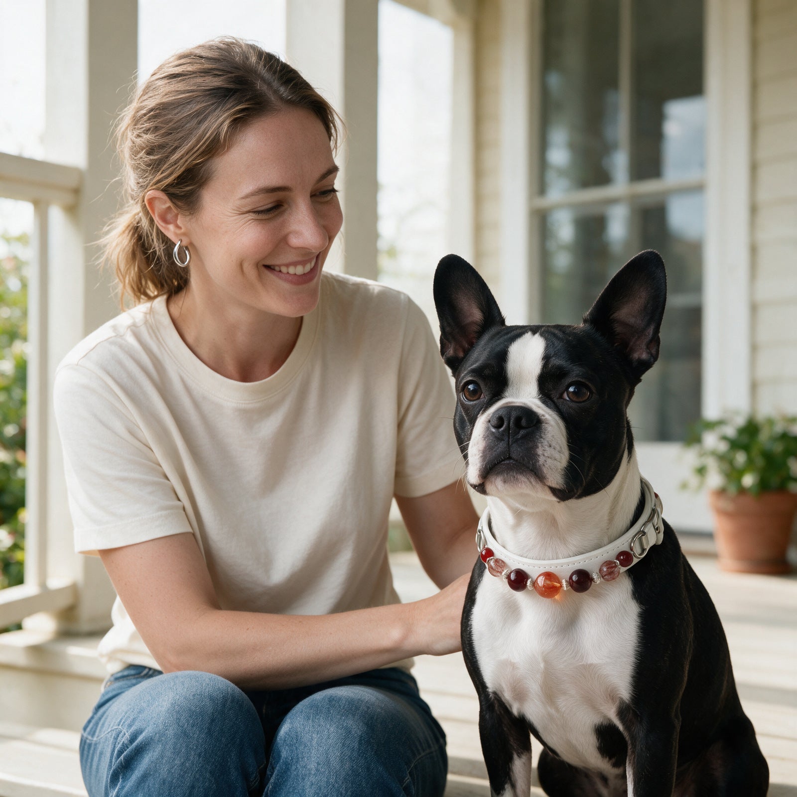 A pet parent with a Boston terrier wearing Ember Bond