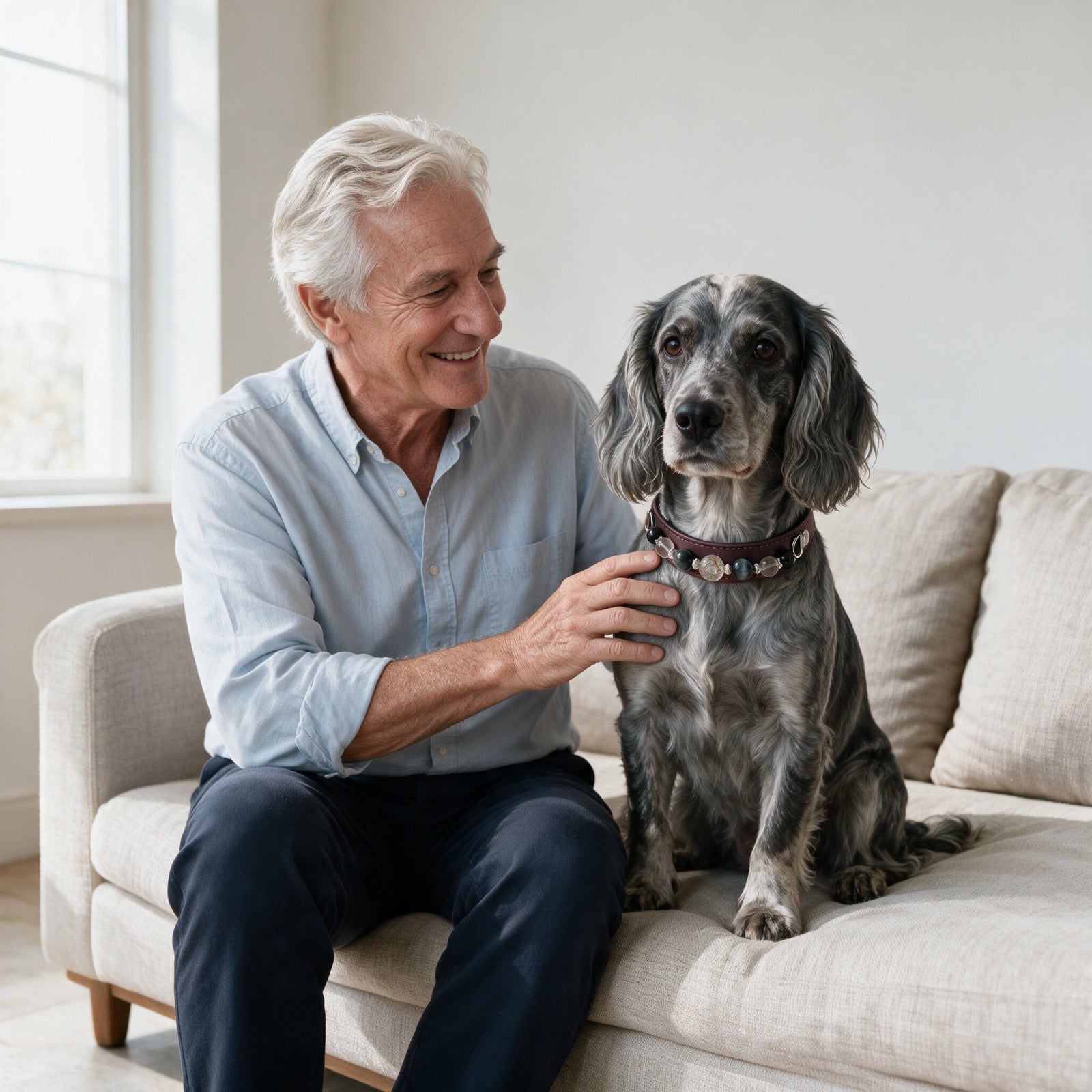 An older pet parent sharing a quiet moment with a spaniel wearing Silver Night