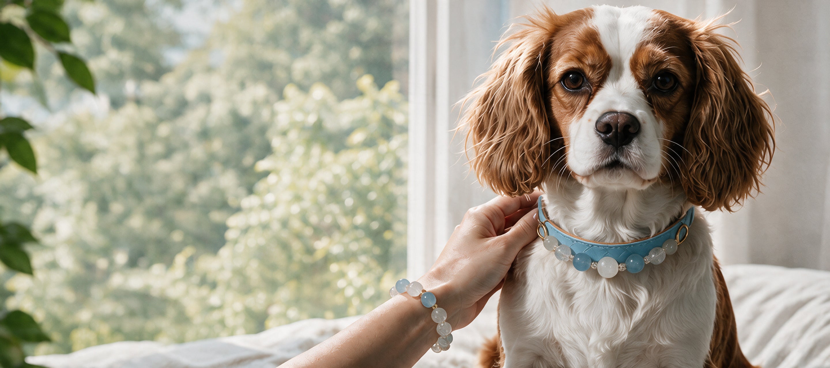 A Cavalier wearing the Blue Moon Heirloom collar, with their person's hand resting gently beside them