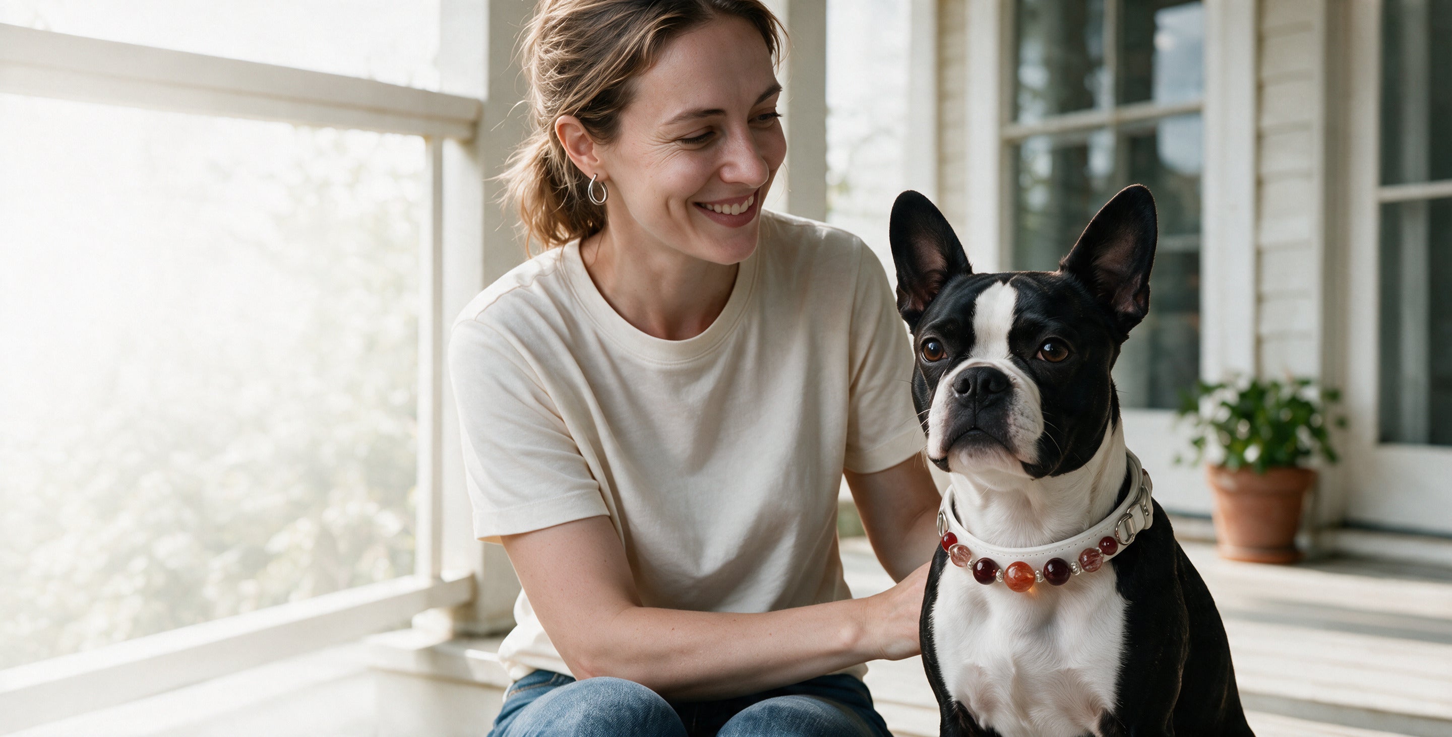 A pet parent and Boston terrier sharing time by a window