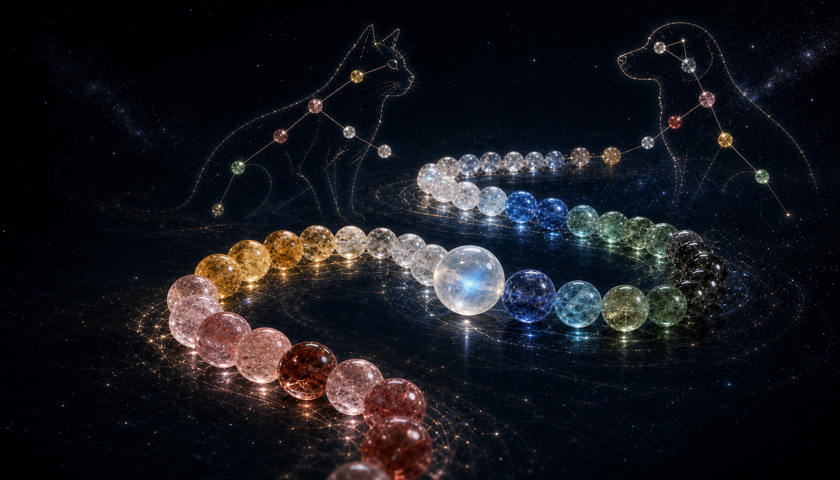 A complete cat and dog constellation above crystal jewelry in a star-filled sky